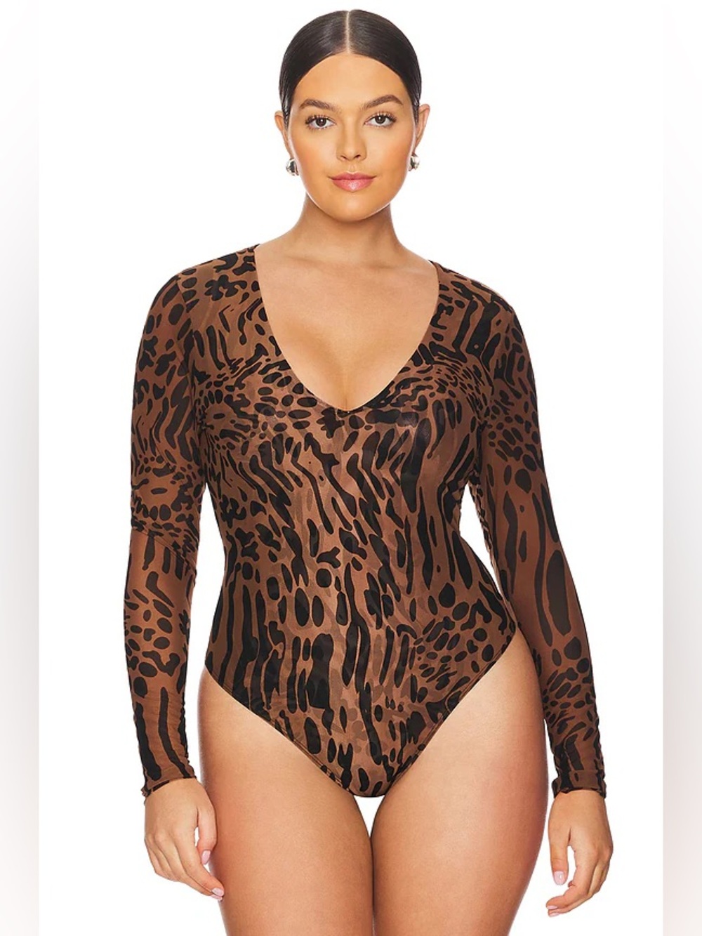 GOOD AMERICAN Mesh Long Sleeve Thong Bodysuit